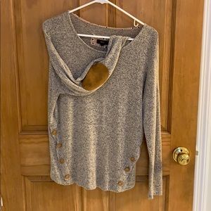 Sweater with leather elbow pads and buttons